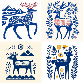 a deer of many colors, with mountains, rivers, and lakes in the distance. the pattern is a minimalist painting, with the composition style of the stamp，illustration,white background，(minimalism illustration), bold lines, in the style of keith haring, mixed patterns, text and emoji installations，8k, 8k smooth。