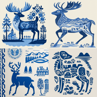 a deer of many colors, with mountains, rivers, and lakes in the distance. the pattern is a minimalist painting, with the composition style of the stamp，illustration,white background，(minimalism illustration), bold lines, in the style of keith haring, mixed patterns, text and emoji installations，8k, 8k smooth。