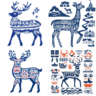 a deer of many colors, with mountains, rivers, and lakes in the distance, the pattern is a minimalist painting, with the composition style of the stamp，illustration, white background，(minimalism illustration), bold lines, in the style of keith haring, mixed patterns, the composition style of stamps, text and emoji installations，8k, 8k smooth。