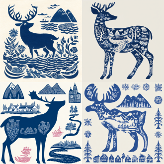 a deer of many colors, with mountains, rivers, and lakes in the distance, the pattern is a minimalist painting, with the composition style of the stamp，illustration, white background，(minimalism illustration), bold lines, in the style of keith haring, mixed patterns, the composition style of stamps, text and emoji installations，8k, 8k smooth。