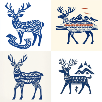 多色鹿，远处有山河湖泊，邮票构图，极简插画风，白背景，粗线条，混合图案，文字表情装置，8k 平滑，暖光。