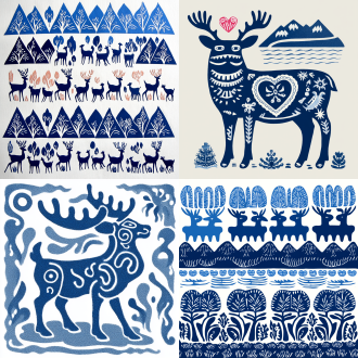 多色鹿，远处有山河湖泊，邮票构图，极简插画风，白背景，粗线条，基思·哈林风格，8k，平滑，混合图案，文字表情元素。