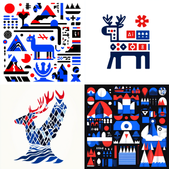 a deer of many colors, with mountains,sun, rivers, and lakes in the distance, the pattern is a minimalist painting, with the composition style of the stamp，there's an ai element, there's a number element ，illustration, white background，(minimalism illustration), logo design，bold lines, in the style of keith haring, mixed patterns, the composition style of stamps, text and emoji installations，8k，smooth。