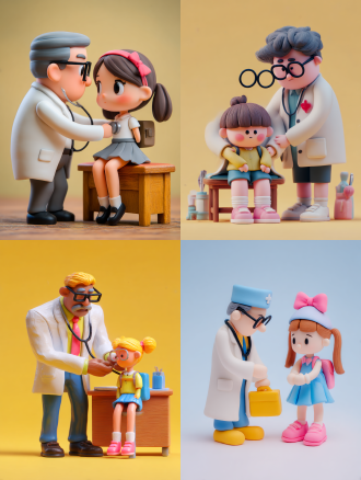 医生给小学生体检全身照，盲盒ip玩具q版可爱3d黏土风，干净背景，前光，8k高分辨率，色彩鲜艳，专注表情，居中构图。