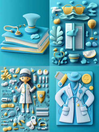 听诊器，医生的白大褂，护士帽，病例本，各种体检设备
