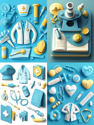 听诊器，医生的白大褂，护士帽，病例本，显微镜，各种体检设备