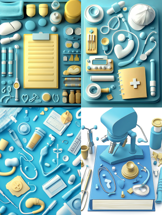 听诊器，医生的白大褂，护士帽，病例本，显微镜，各种体检设备