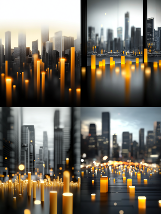 前景是一个个科技感的数据柱，后面虚化的背景是摩天大厦，天空一定要是明亮蔚蓝的，背景虚化。