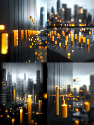 前景是一个个科技感的数据柱，后面虚化的背景是摩天大厦，天空是明亮蔚蓝的，背景虚化。