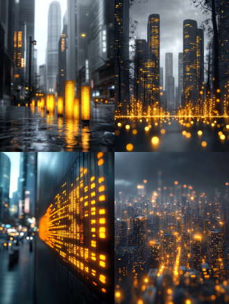 一个个科技感的数据柱，背景虚化。