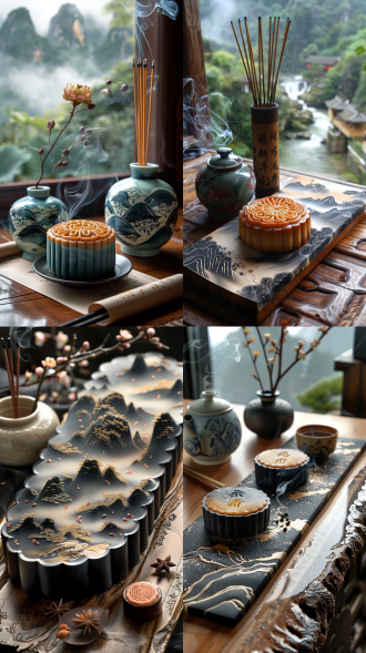 matte black mooncake with gold-veined lotus seed paste, cracked crust revealing pearlescent filling, placed on raw silk scroll with splashed-ink mountain motif, mist rising from celadon incense holder, monochromatic palette with single osmanthus branch, hasselblad x1d realism