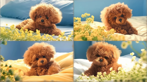 小泰迪趴在草原，中心构图，自然环境，长焦镜头，柔和光线，毛绒质感，绿色为主，萌态，悠闲，可爱。