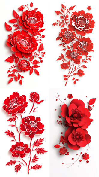 矢量花元素在白色背景，大花重叠，传统中国剪纸风格，喜庆。红色主调，简洁构图，正面光，扁平插画风格，剪纸质感，细节完美