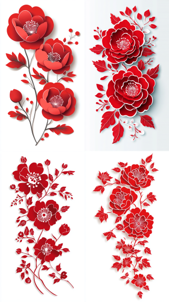 矢量花元素在白色背景，大花重叠，传统中国剪纸风格，喜庆。红色主调，简洁构图，正面光，扁平插画风格，剪纸质感，细节完美