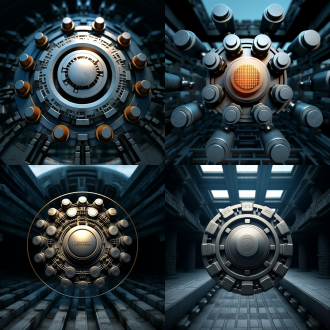 元素合并，对称构图，科技感环境，冷色调，长焦镜头，顶光，清晰细节，融合动作，金属元素，神秘氛围。