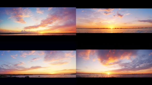 海边，天蓝色，广阔景深，透明感，长焦镜头，金色黄昏，汹涌波浪，自由，宁静，3:1比例，远景，柔和光线，动态波浪，宽广视野，平静表情，自然环境，冷色调，放松情绪。