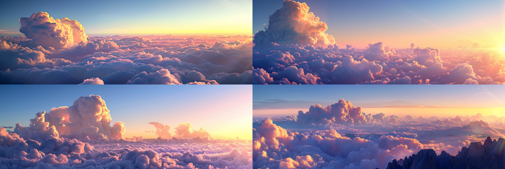 山巅云海，波澜壮阔，云海翻滚，大块云朵，广角，日出，仰视，大气恢弘，宽广视野，自然环境，冷色调