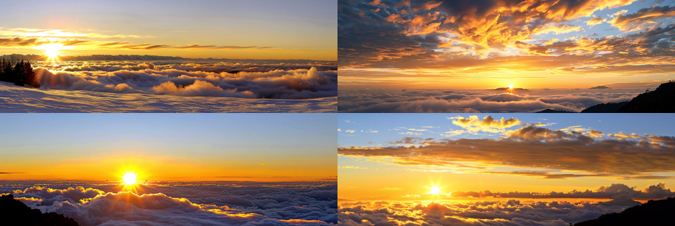 山巅云海，波澜壮阔，云海翻滚，大块云朵，地平线，广角，日落，仰视，大气恢弘，宽广视野，自然环境，暖色调，