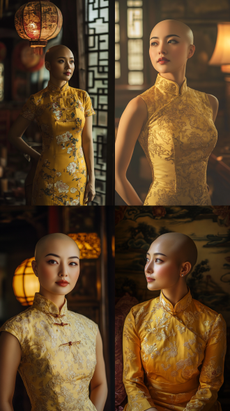 30岁中国光头丰满女子穿黄色旗袍，中心构图，复古风，室内，长焦镜头，顶光，优雅站姿，东方韵味，暖黄主调，端庄。