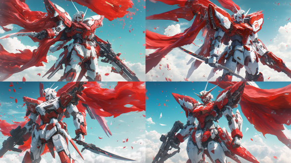 机车族战士霹雳火，手持青龙偃月刀，红白色机甲，宏大场景，电影级质感，高达造型，逼真细节，动态姿势，金属光泽，广角镜头，侧光照明，高分辨率，战斗氛围，红色与白色对比，力量感，决心表情。