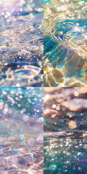 晶莹剔透的海水背景，水中闪闪金币珍珠，蓝色银色闪烁，柔和梦幻色彩，明亮色彩，instagram风格，高细节级别，逼真照片感，白色蓝色紫色光线透视，桌面背景，招财寓意，水下摄影，微距镜头，柔和光线，梦幻氛围，高饱和度，细腻纹理，平静情绪。