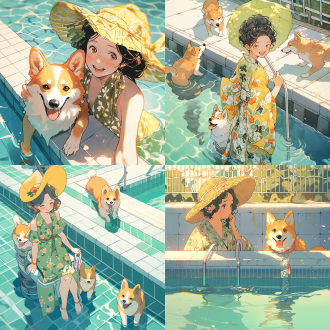 浮世绘风格，卷发女孩，黄色柯基，绿色吊带长裙，泳池边，波光粼粼，对称构图，鲜艳色彩，广角镜头，自然光，柔和阴影，温馨，宁静。