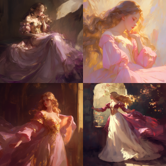 escape princess in pink and gold dress avatar, flowing silk dress, diagonal composition, dreamy style, indoor setting, warm side lighting, high contrast, 7:3 light and dark ratio, lively. oil painting, renaissance