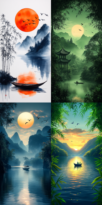 清明上河图风格海报，广阔开阔，冷冽清新，中国水墨画，远山绿意，亭台隐约，夕阳西下，飞鸟掠影，孤舟水上，竹影婆娑，明暗对比，景深效果，晕影，全景，超细节，最佳质量，8k分辨率。