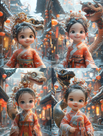 满月女宝宝身似蛇与背后大蛇，中式服饰微笑，中国风建筑背景偏上，粉色调，卡通渲染，长焦，柔和光，可爱欢乐 。