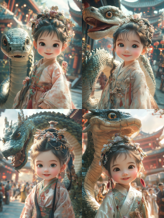 满月女宝宝身似蛇与背后大蛇，中式服饰微笑，中国风建筑背景偏上，粉色调，卡通渲染，长焦，柔和光，可爱欢乐 。