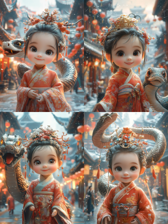 满月女宝宝身似蛇与背后大蛇，中式服饰微笑，中国风建筑背景偏上，粉色调，卡通渲染，长焦，柔和光，可爱欢乐 。