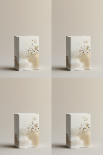 极简茶叶包装盒，扁平化设计，象牙白基底云雾灰渐变，配茶汤金等低饱和色，茶树花、水波纹，烫金简笔，微浮雕，0.5mm烫金边，朦胧温润。