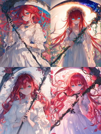 a girl with long red hair and blue pupils, wearing a white dress and a gemstone necklace, holding a scythe of death with vines and roses wrapped around it, with a sad expression, japanese anime style, illustrated