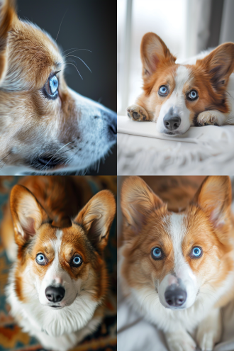 一只柯基犬，蓝色眼睛，梦幻的背景，明亮的，柔和光线，室内，长焦镜头，浅景深，优雅，宁静。