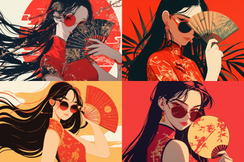 一个长发女孩，穿着红色的旗袍，手里拿着扇子，戴着一副墨镜，水墨中国风，平面插画，矢量插画，扁平风格，高清，高分辨率，细节