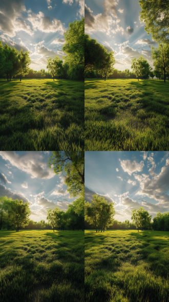 绿色草地，地是平的 晴天，多云一望无际的草原和树林 奢华金 黄金 明亮的