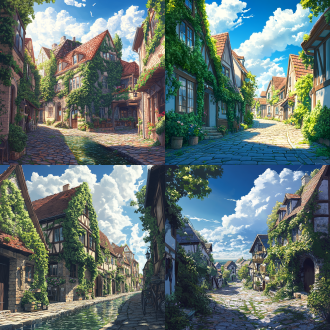 欧洲小镇别墅，爬山虎覆盖，石板路，清澈水沟，蓝天白云，斜阳光，动漫风格，色彩鲜艳，高分辨率，高细节，高对比度，全景视角，柔和光线，自然色彩，梦幻氛围。