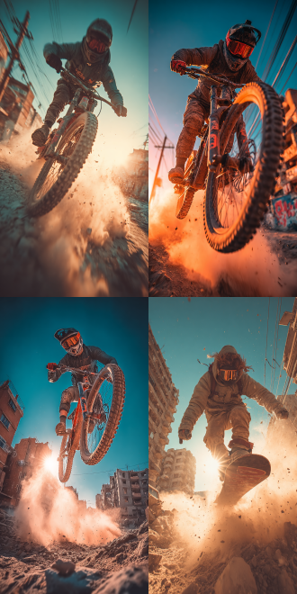 欧美极限运动ins背景图，三分法构图，城市废墟环境，冷色调，长焦镜头，逆光，动态动作，力量与自由感。