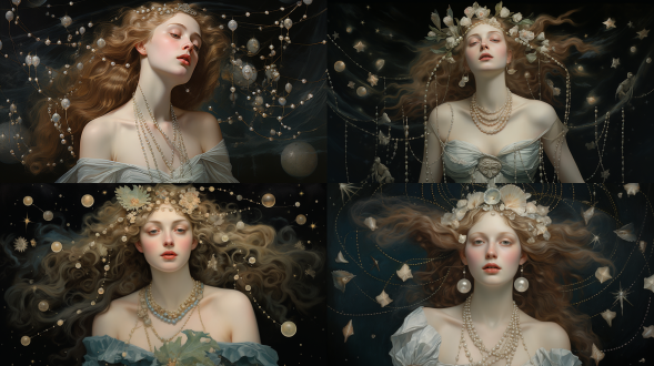 珍珠 古典艺术 希腊神话 月亮女神 伏尼契手稿 海报风格 维多利亚 波提切利 前拉斐尔派 宣传海报 文艺复兴