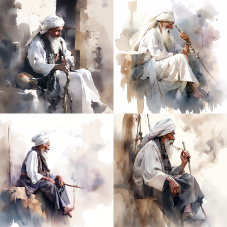老人坐抽烟，水彩画，侧视图，中东背景，白色头巾，黑色头发，长棍挂小袋，柔和色调，细腻笔触，静谧氛围，温暖光线，沉思表情，传统服饰，文化象征。