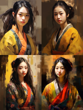 日本少女头像，伦勃朗油画风格，大笔触大色块，优质高分辨率，细腻面部，平静表情，暖色调，柔和侧光。