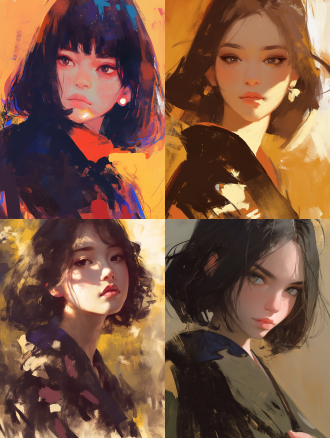 日本少女头像，伦勃朗油画风格，大笔触大色块，优质高分辨率，精致面容，平静表情，暖色调，侧光，特写。