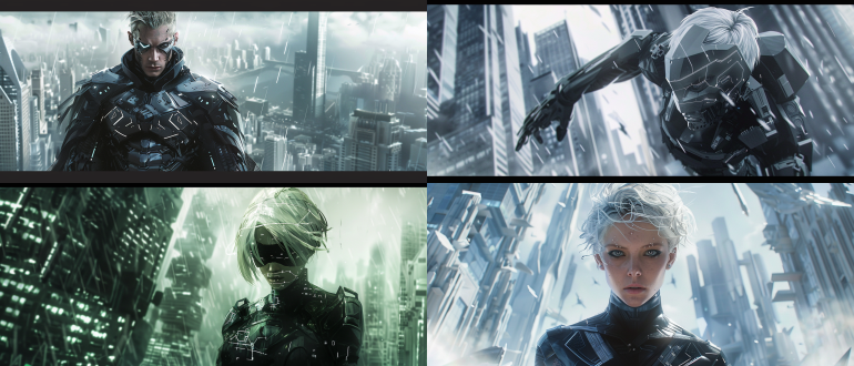 a modernist divinity of calculated power, platinum-blonde hair sculpted into aerodynamic blades with micro-circuit detailing, cybernetic eyes emitting cold white photonscan grids, wearing geometric armor-plated jumpsuit (matte black carbon fiber with titanium joint seams) whose segmented panels unfold into prismatic light wings during movement, dominating a neo-brutalist cityscape of levitating concrete monoliths aligned in golden ratio spirals, digital rain cascading down invisible force fields, color scheme: gunmetal grey dominant with sudden photon-blue surges at kinetic points, naoto hattama's cyberpunk aesthetics fused with zaha hadid's architectural precision, hyper-clean mecha design logic, 8k