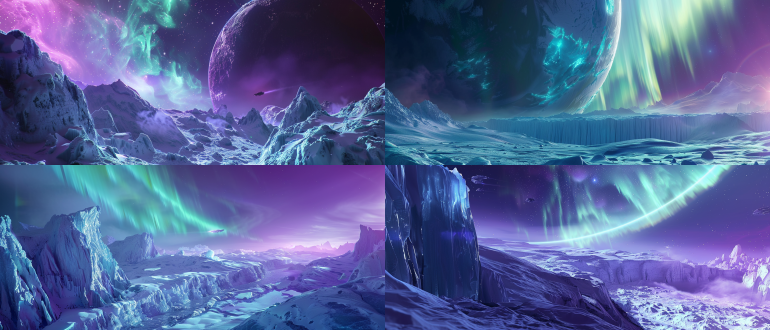a colossal interstellar spacecraft traversing an alien ice planet, metallic hull covered with frost and glowing blue energy veins, massive glacier canyons below, auroras dancing in purple-green sky, hyper-detailed sci-fi machinery with cryogenic exhaust trails, cinematic lighting by james cameron's avatar, frozen vapor clouds, 8k resolution, unreal engine render
