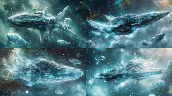 a crystal-encrusted arkship sailing through cosmic snowstorm, translucent ice wings shimmering with stardust, celestial ice whales floating nearby, frozen nebula background in teal and silver, artgerm's metallic rendering style, magical realism, intricate ice rune patterns on ship's surface, dynamic snow particle effects