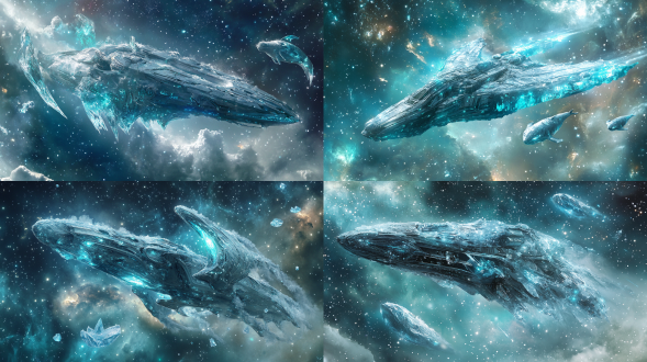 a crystal-encrusted arkship sailing through cosmic snowstorm, translucent ice wings shimmering with stardust, celestial ice whales floating nearby, frozen nebula background in teal and silver, artgerm's metallic rendering style, magical realism, intricate ice rune patterns on ship's surface, dynamic snow particle effects