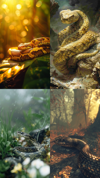 灵蛇蜿蜒迎春，中心构图，山林间，暖黄主色，神秘氛围，长焦镜头，逆光，云雾缭绕，灵动姿态，生机勃勃。