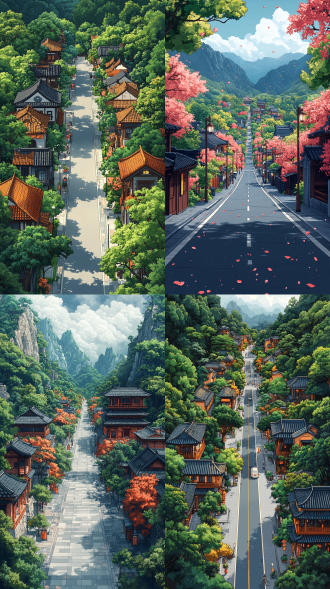 （双十字路口），贴纸风格，微缩景观，矢量插画，中国风，古代建筑，城市，绿色，写意，白色边框，留白，2.5d 超扁平 游戏素材 图标集设计