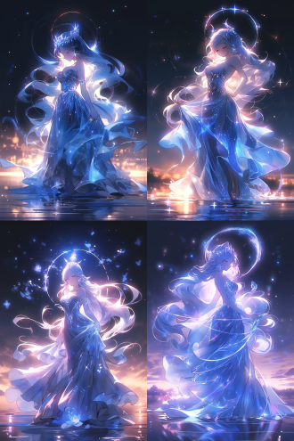 绝美女神，数字艺术，超清渲染，高清细节，动漫风格，迪士尼形象影响，全身像，连衣裙，薄纱长裙，深蓝色长裙，螺旋裙摆，裙子边缘发光，裙子上有粒子流光，长发飘动，简笔概括长发，蓝色和紫色融合，明亮色彩，梦幻背光，神秘色彩，梦幻夜景，治愈系，梦幻流光，逆光，空灵治愈，高画质，清晰细节，正面视角，细腻纹理，超现实风格，宁静表情，轻盈动作，全身，蓝紫白背景，视觉冲击，右上角打光，光影绚丽，闪光灯，细节捕捉，难以置信的美丽，16k画质，高分辨率，超现实，梦幻，神秘，优雅，光影交错，色彩鲜明，情感深邃。