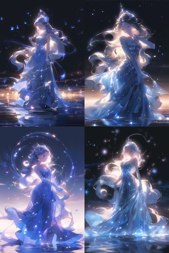 绝美女神，数字艺术，超清渲染，高清细节，动漫风格，迪士尼形象影响，全身像，身材高挑，连衣裙，薄纱长裙，深蓝色长裙，流体裙摆，裙子边缘发光，裙子上有粒子流光，长发飘动，简笔概括长发，蓝色和紫色融合，明亮色彩，梦幻背光，神秘色彩，梦幻夜景，治愈系，梦幻流光，逆光，空灵治愈，高画质，清晰细节，正面视角，细腻纹理，超现实风格，宁静表情，轻盈动作，全身，蓝紫白背景，视觉冲击，右上角打光，光影绚丽，闪光灯，细节捕捉，难以置信的美丽，16k画质，高分辨率，超现实，梦幻，神秘，优雅，光影交错，色彩鲜明，情感深邃。